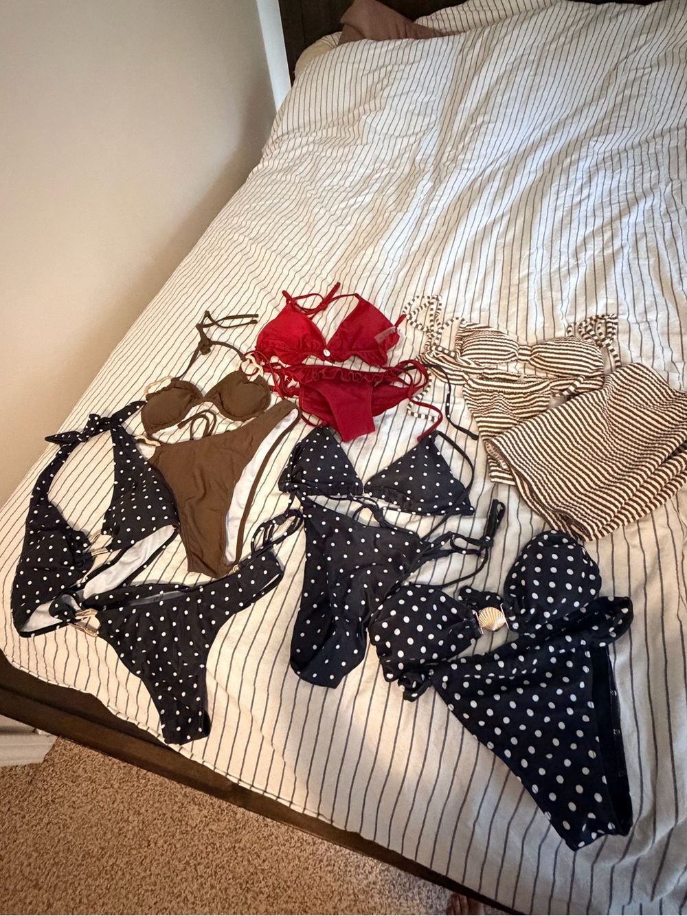 SHEIN Navy Polka Dot, Red, Olive & Beige Stripe Bikini Set Mix